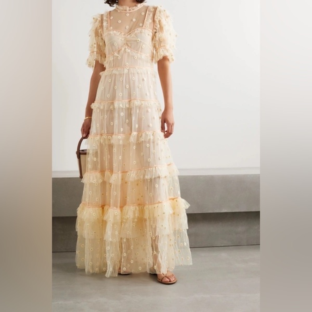 Doen Orelia Tiered Embroidered Tulle Maxi Dress In Peach